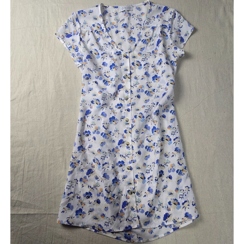 WAYF White Blue Floral Midi Dress Short Sleeve 90s Cottagecore Style Size Small